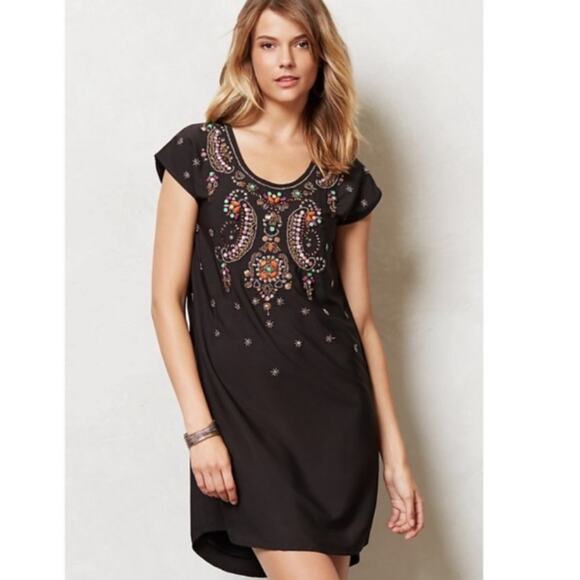 Anthropologie Yumi | Beaded Chiaroscuro Shift Mini Dress Black Embellished Small - Picture 1 of 8